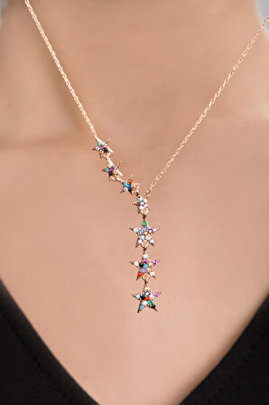 925 Ayar Gümüş Renkli Taşlı Kayan Yıldızlar Kolye