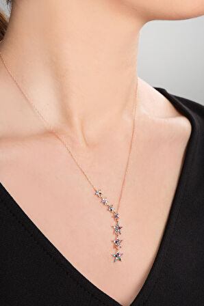 925 Ayar Gümüş Renkli Taşlı Kayan Yıldızlar Kolye