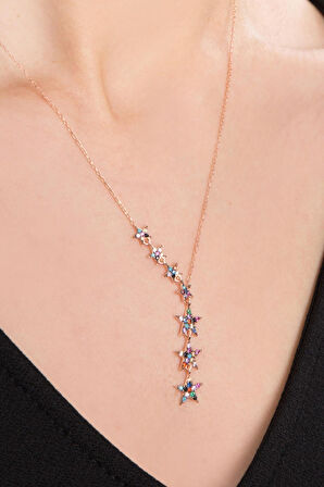 925 Ayar Gümüş Renkli Taşlı Kayan Yıldızlar Kolye