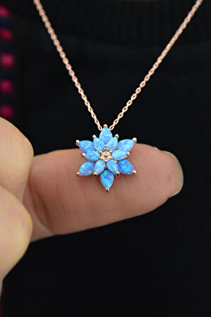 925 Ayar Gümüş Turkuaz Doğal Opal Taşlı Lotus Kolye