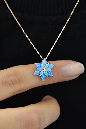 925 Ayar Gümüş Turkuaz Doğal Opal Taşlı Lotus Kolye