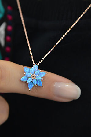 925 Ayar Gümüş Turkuaz Doğal Opal Taşlı Lotus Kolye