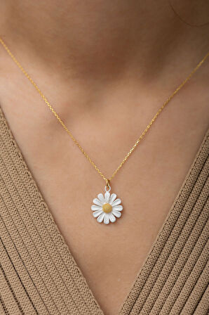 925 Ayar Gümüş Altın Kaplama Mineli Papatya Kolye