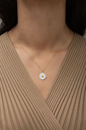 925 Ayar Gümüş Altın Kaplama Mineli Papatya Kolye