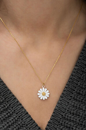 925 Ayar Gümüş Nano Mineli Papatya Kolye Altın Kaplama Özel Tasarım