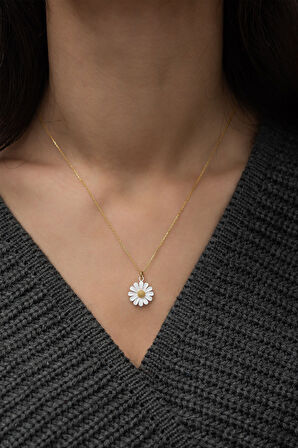 925 Ayar Gümüş Nano Mineli Papatya Kolye Altın Kaplama Özel Tasarım