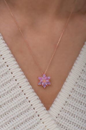 925 Ayar Pembe Opal Taşlı Gümüş Lotus Kolye