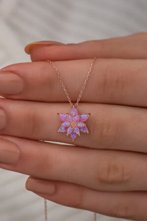925 Ayar Pembe Opal Taşlı Gümüş Lotus Kolye