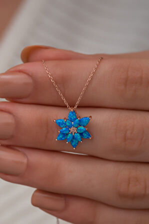 925 Ayar Açık Mavi Opal Taşlı Gümüş Lotus Kolye