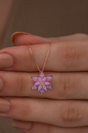 Pembe Opal Taşlı 925 Ayar Gümüş Lotus Kolye