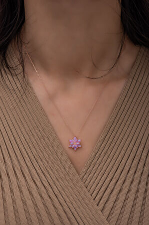 Pembe Opal Taşlı 925 Ayar Gümüş Lotus Kolye