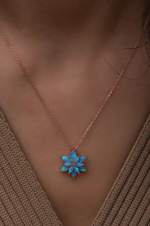 Açık Mavi Opal Taşlı 925 Ayar Gümüş Lotus Kolye