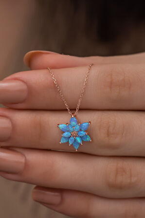 Açık Mavi Opal Taşlı 925 Ayar Gümüş Lotus Kolye