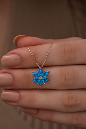 Mavi Opal Taşlı 925 Ayar Gümüş Lotus Kolye