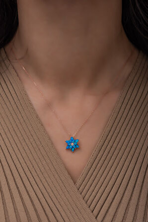 Mavi Opal Taşlı 925 Ayar Gümüş Lotus Kolye