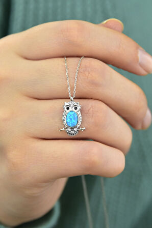 925 Ayar Gümüş Rodyum Kaplama Opal Baykuş Kolye