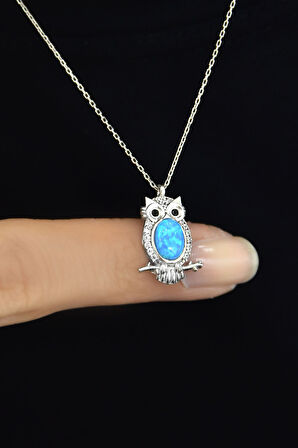 925 Ayar Gümüş Rodyum Kaplama Opal Baykuş Kolye