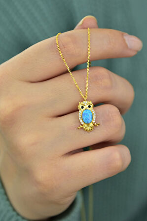 925 Ayar Gümüş Gold Kaplama Opal Baykuş Kolye