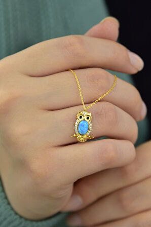 925 Ayar Gümüş Gold Kaplama Opal Baykuş Kolye