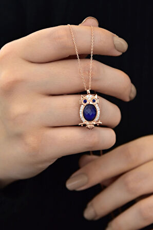 925 Ayar Gümüş Rose Altın Kaplama Lacivert Göz His Taşı Baykuş Kolye