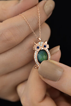 925 Ayar Gümüş Rose Altın Kaplama Lacivert Göz His Taşı Baykuş Kolye