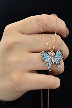 925 Ayar Gümüş Rose Altın Kaplama Mineli Kelebek Kolye