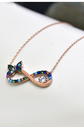 925 Ayar Gümüş Rose Altın Kaplama Renkli Taşlı Kelebek Kolye