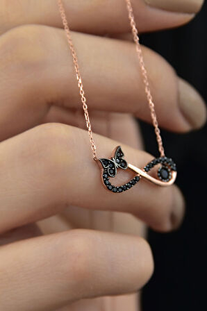 925 Ayar Gümüş Rose Altın Kaplama Siyah Taşlı Kelebek Kolye