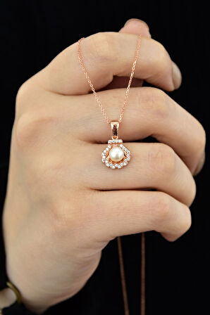 925 Ayar Gümüş Rose Altın Kaplama Taşlı Inci Kolye