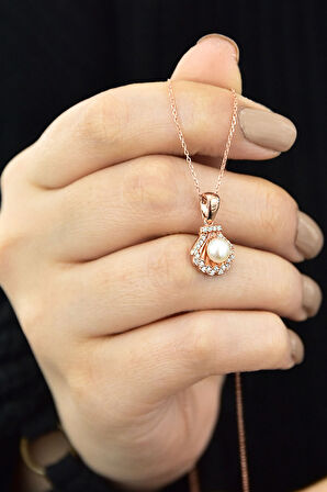 925 Ayar Gümüş Rose Altın Kaplama Taşlı Inci Kolye