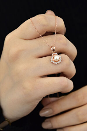 925 Ayar Gümüş Rose Altın Kaplama Taşlı Inci Kolye