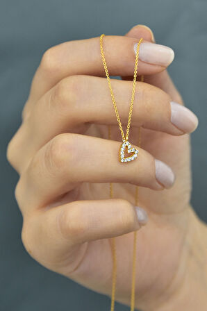 925 Ayar Altın Kaplama Zirkon Taşlı Gümüş Kalp Kolye