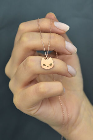 925 Ayar Rose Altın Kaplama Plaka Kesim Gümüş Kedi Kolye