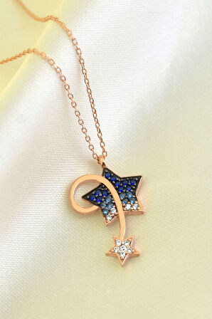 925 Ayar Gümüş Rose Kaplama Mavi Akışlı Kayan Yıldız Kolye