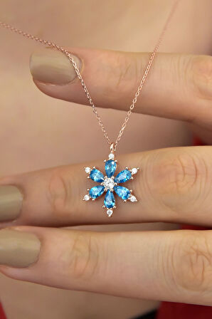 925 Ayar Gümüş Mavi Taşlı Kamelya Çiçeği Kadın Kolye