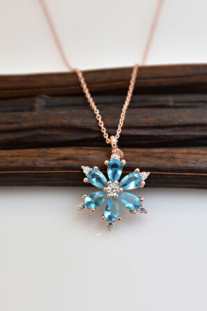 925 Ayar Gümüş Mavi Taşlı Kamelya Çiçeği Kadın Kolye