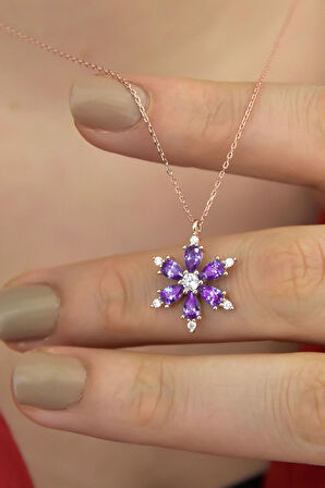 925 Ayar Gümüş Ametist Taşlı Kamelya Çiçeği Kadın Kolye
