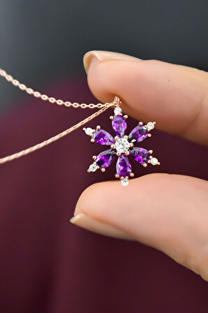 925 Ayar Gümüş Ametist Taşlı Kamelya Çiçeği Kadın Kolye