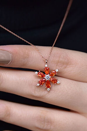 925 Ayar Gümüş Turuncu Taşlı Kamelya Çiçeği Kadın Kolye