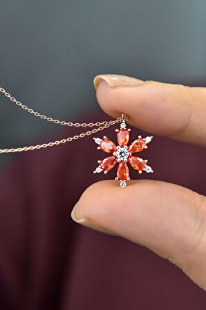 925 Ayar Gümüş Turuncu Taşlı Kamelya Çiçeği Kadın Kolye