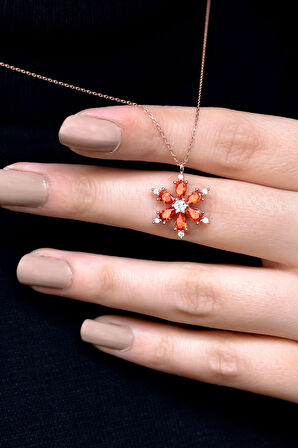 925 Ayar Gümüş Turuncu Taşlı Kamelya Çiçeği Kadın Kolye