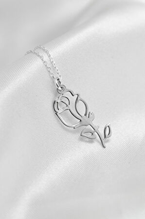 925 Ayar Gümüş Rodyum Kaplama Plaka Kesim Kadın Gül Kolye