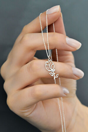 925 Ayar Gümüş Rodyum Kaplama Plaka Kesim Kadın Gül Kolye