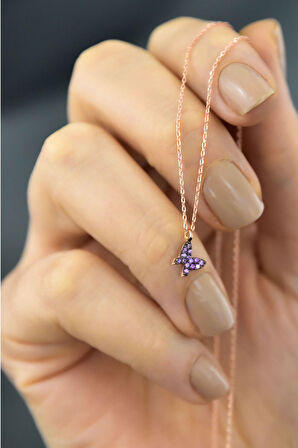 925 Ayar Gümüş Ametist Taşlı Mini Kelebek Kadın Kolye