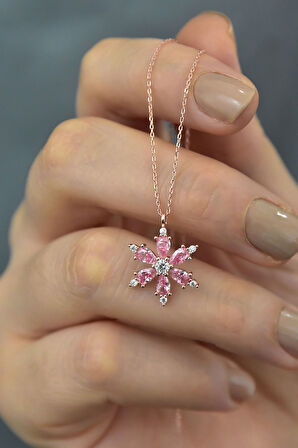 925 Ayar Gümüş Pembe Taşlı Kamelya Çiçeği Kadın Kolye