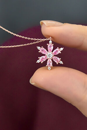 925 Ayar Gümüş Pembe Taşlı Kamelya Çiçeği Kadın Kolye