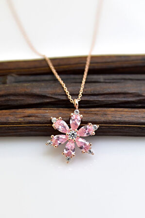 925 Ayar Gümüş Pembe Taşlı Kamelya Çiçeği Kadın Kolye