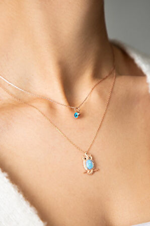 Kadın Asansörlü Opal Taşlı Baykuş Ve Nazar Model 925 Ayar Gümüş Kolye