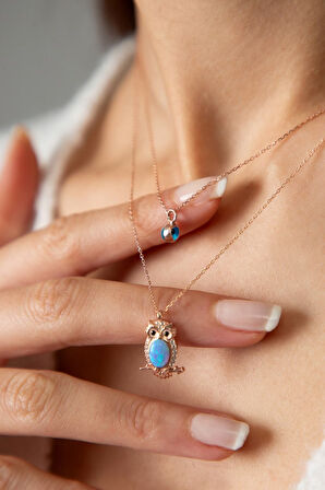 Kadın Asansörlü Opal Taşlı Baykuş Ve Nazar Model 925 Ayar Gümüş Kolye