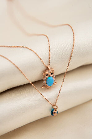 Kadın Asansörlü Opal Taşlı Baykuş Ve Nazar Model 925 Ayar Gümüş Kolye